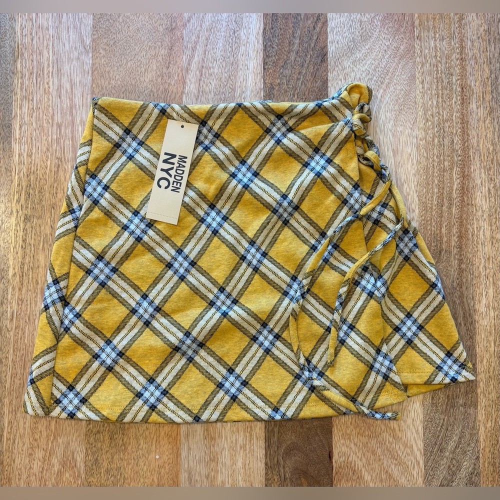 Madden NYC Plaid Wrap Mini Skirt – Size S | Mustard Yellow & Blue | NWT